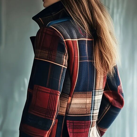 Plaid Fall/Winter Buttoned Light Retro/Vintage Style Jacket - Picture 2 of 3